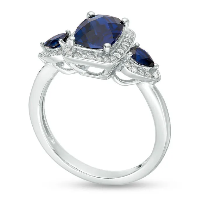 Goldia Rings CushionCut LabCreated Blue and White Sapphire Three Stone Frame Ring in Sterling Silver Goldia Rings CushionCut LabCreated Blue and White Sapphire Three Stone Frame Ring in Sterling Silver