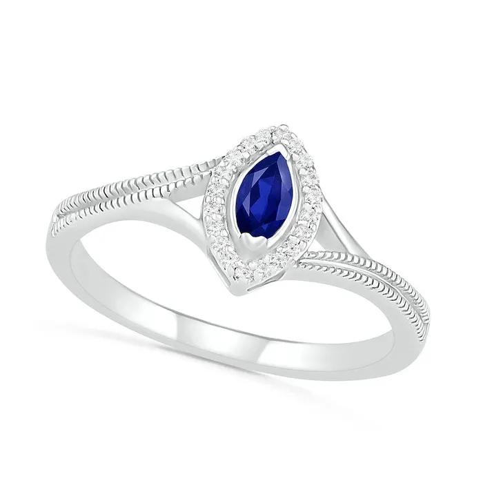 Goldia Rings Marquise LabCreated Blue Sapphire and 005 CT TW Diamond Frame Beaded Split Shank Ring in Sterling Silver Goldia Rings Marquise LabCreated Blue Sapphire and 005 CT TW Diamond Frame Beaded Split Shank Ring in Sterling Silver