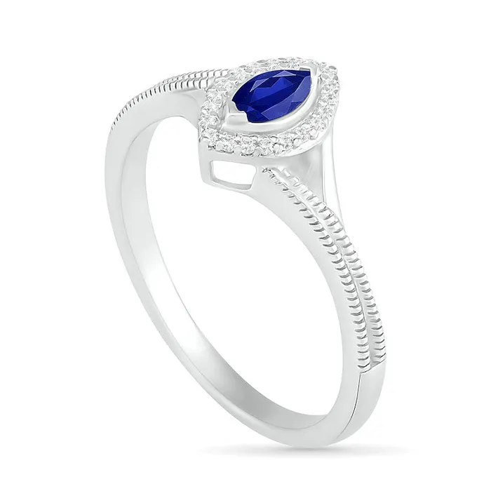 Goldia Rings Marquise LabCreated Blue Sapphire and 005 CT TW Diamond Frame Beaded Split Shank Ring in Sterling Silver Goldia Rings Marquise LabCreated Blue Sapphire and 005 CT TW Diamond Frame Beaded Split Shank Ring in Sterling Silver
