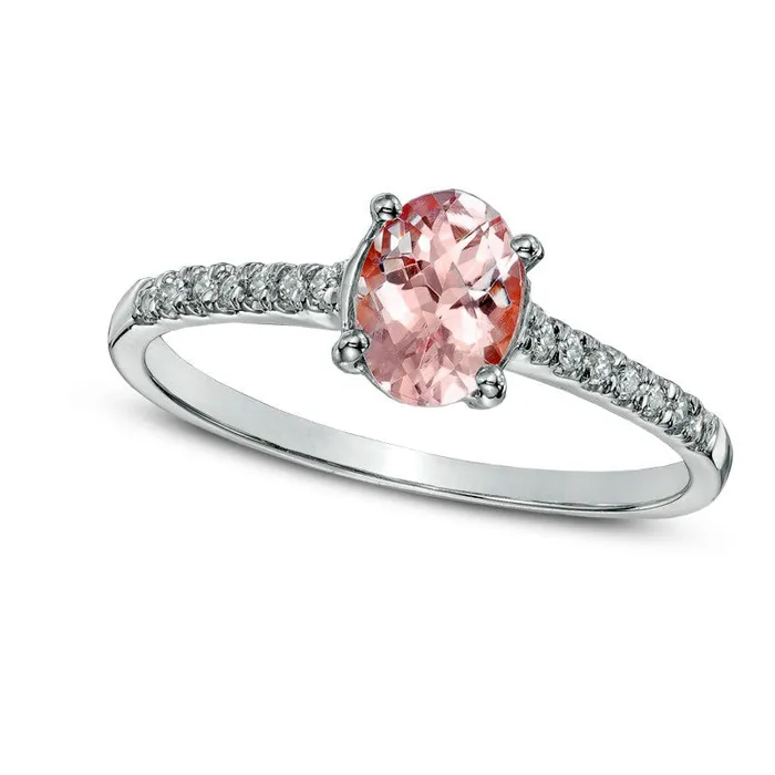Goldia Rings Oval Morganite and Natural Diamond Accent Ring in Solid 10K White Gold Goldia Rings Oval Morganite and Natural Diamond Accent Ring in Solid 10K White Gold