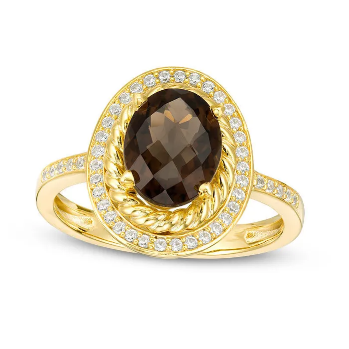 Goldia Rings Oval Smoky Quartz and LabCreated White Sapphire Frame Ring in Sterling Silver with Solid 14K Gold Plate Goldia Rings Oval Smoky Quartz and LabCreated White Sapphire Frame Ring in Sterling Silver with Solid 14K Gold Plate