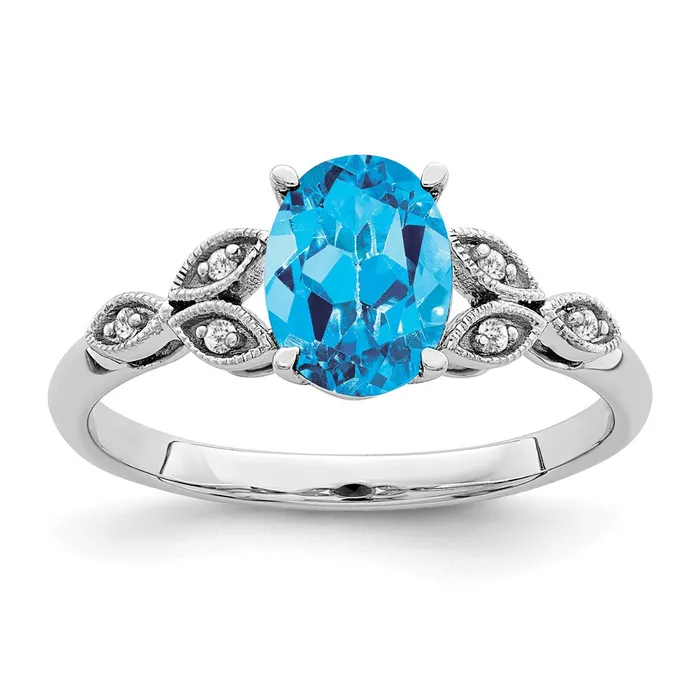 Goldia Rings Solid 14k White Gold Oval Simulated Blue Topaz and CZ Ring