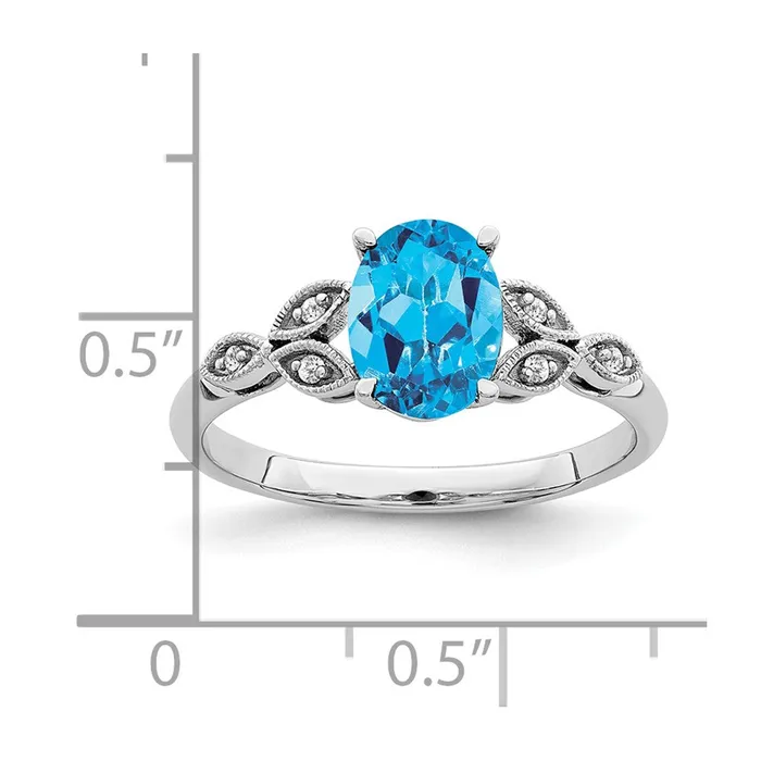 Goldia Rings Solid 14k White Gold Oval Simulated Blue Topaz and CZ Ring