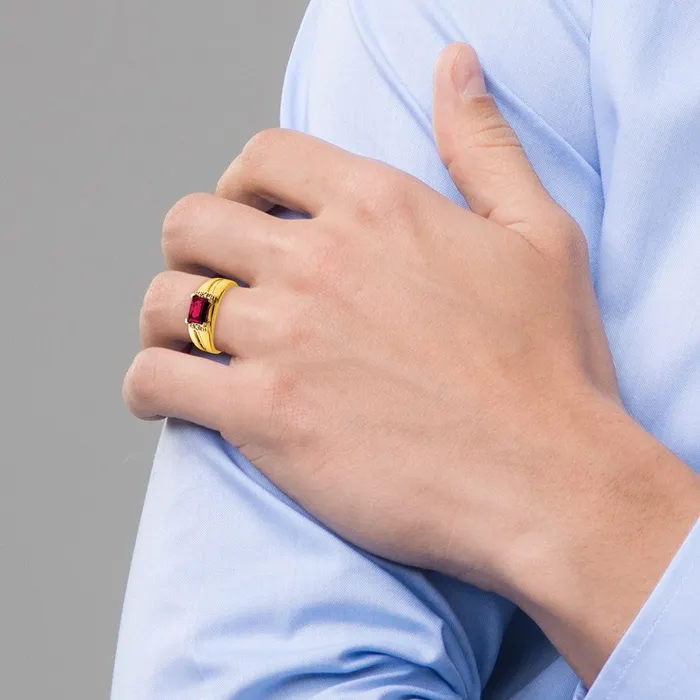 Goldia Rings Solid 14k Yellow Gold Simulated Emerald Simulatedcut Created Ruby and CZ Mens Ring