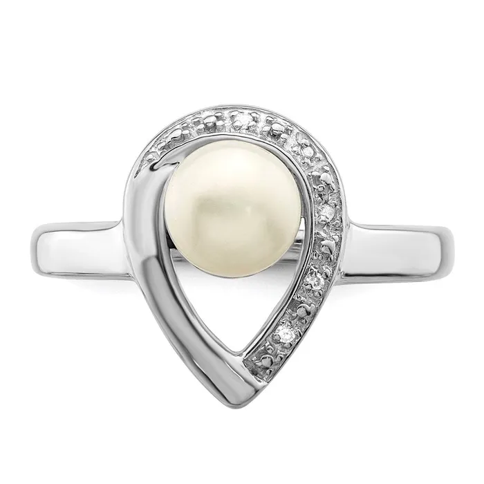 Goldia Rings Sterling Silver Rhodium Plated Diamond and FW Cultured Pearl Ring