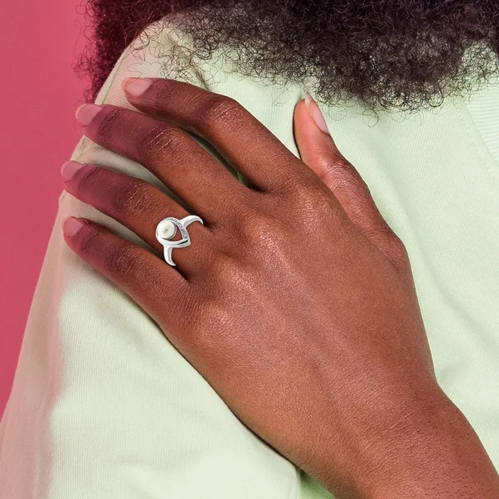 Goldia Rings Sterling Silver Rhodium Plated Diamond and FW Cultured Pearl Ring