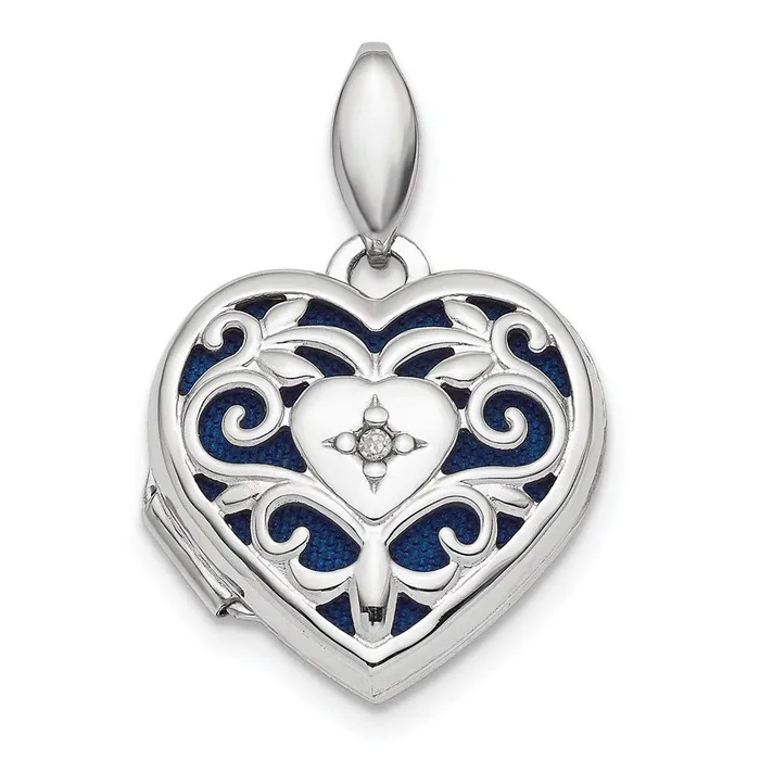 Goldia Rings Sterling Silver Rhodiumplated Polished Filigree Diamond Heart Locket