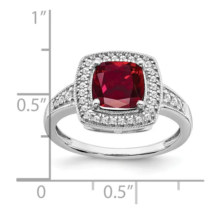 Goldia Solid 14k White Gold Cushion Created Simulated Ruby and CZ Halo Ring Rings