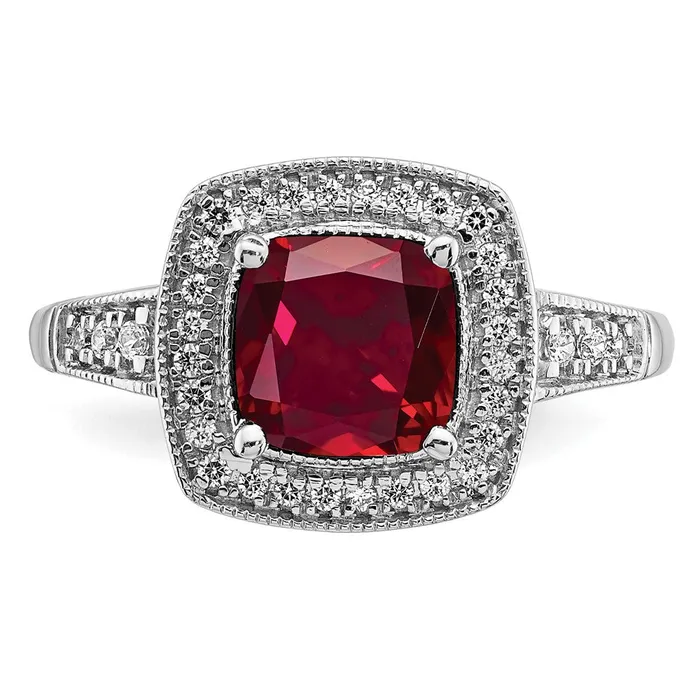 Goldia Solid 14k White Gold Cushion Created Simulated Ruby and CZ Halo Ring Rings