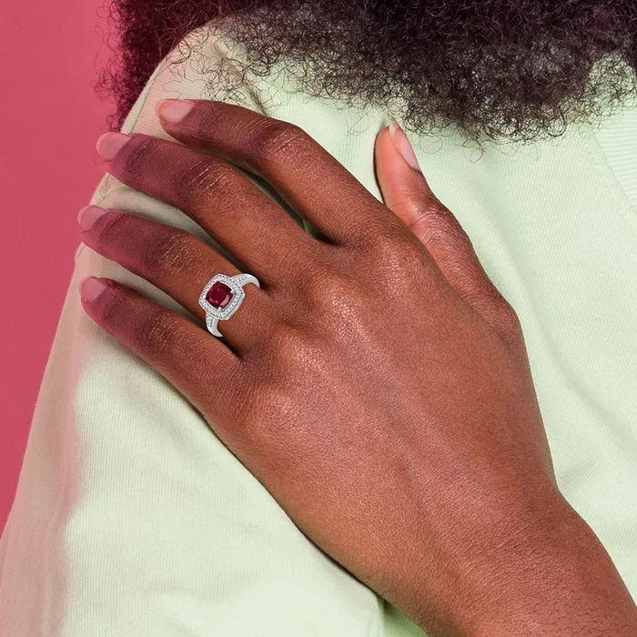 Goldia Solid 14k White Gold Cushion Created Simulated Ruby and CZ Halo Ring Rings