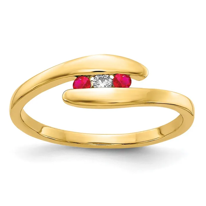 Goldia Solid 14k Yellow Gold Simulated Ruby and CZ 3stone Ring Rings