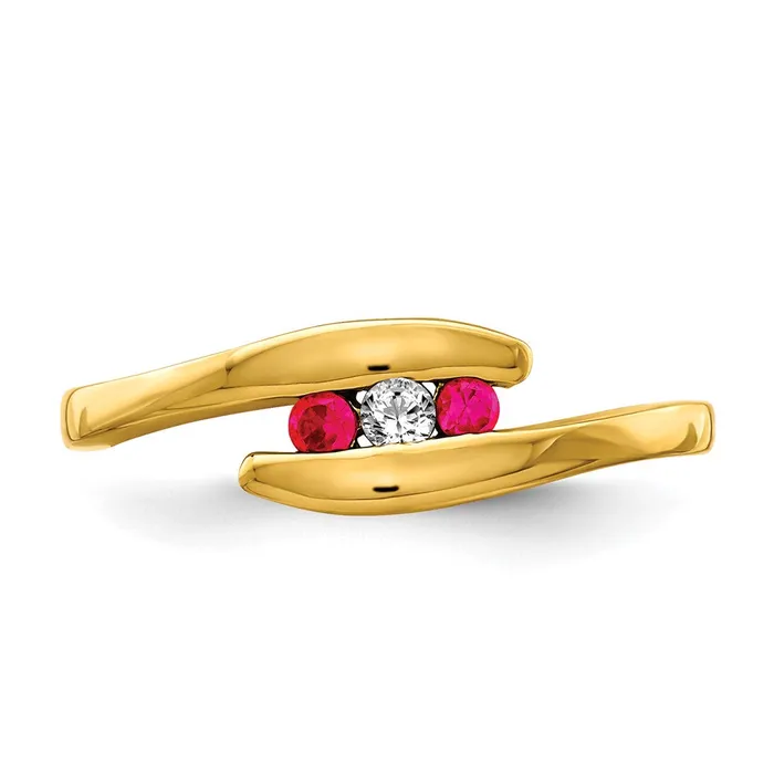 Goldia Solid 14k Yellow Gold Simulated Ruby and CZ 3stone Ring Rings