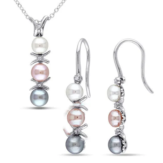 JMS always Earrings Original AMOUR 2pc Set Of Dyed Grey Pink and White Cultured Freshwater Pearl and Diamond Drop Earrings and Pendant with Chain In Sterling Silver JMS always Earrings Original AMOUR 2pc Set Of Dyed Grey Pink and White Cultured Freshwater Pearl and Diamond Drop Earrings and Pendant with Chain In Sterling Silver