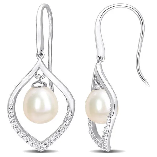 JMS always Earrings Original AMOUR 885mm Freshwater Cultured Pearl and 13 CT TGW White Sapphire Open Hook Earrings In Sterling Silver JMS always Earrings Original AMOUR 885mm Freshwater Cultured Pearl and 13 CT TGW White Sapphire Open Hook Earrings In Sterling Silver