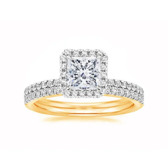 JMS always Rings Original DiamondMuse 300 cttw Square Swarovski Diamond Plated Halo Bridal Set in Gold Tone Over Sterling Silver JMS always Rings Original DiamondMuse 300 cttw Square Swarovski Diamond Plated Halo Bridal Set in Gold Tone Over Sterling Silver