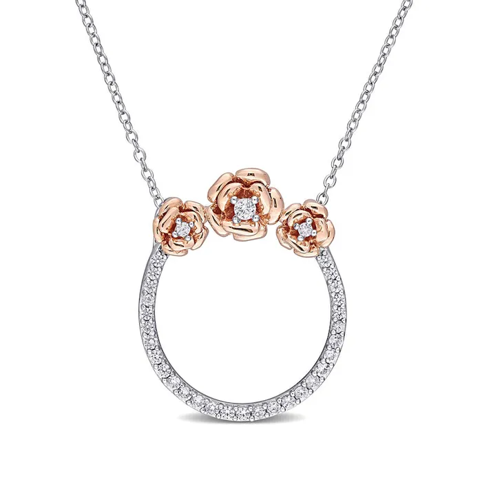 LabCreated White Sapphire Flower Trio Circle Necklace in Sterling Silver and Rose Rhodium Goldia Necklaces LabCreated White Sapphire Flower Trio Circle Necklace in Sterling Silver and Rose Rhodium Goldia Necklaces