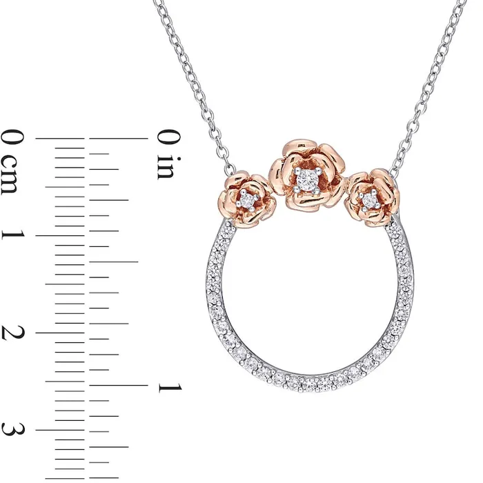 LabCreated White Sapphire Flower Trio Circle Necklace in Sterling Silver and Rose Rhodium Goldia Necklaces LabCreated White Sapphire Flower Trio Circle Necklace in Sterling Silver and Rose Rhodium Goldia Necklaces