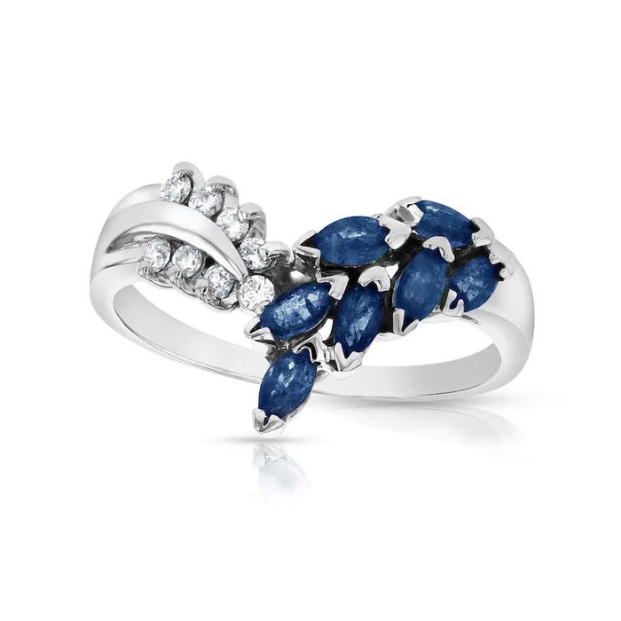 Marquise Blue Sapphire and 010 CT TW Natural Diamond Leaf Branch Chevron Ring in Solid 14K White Gold Goldia Rings Marquise Blue Sapphire and 010 CT TW Natural Diamond Leaf Branch Chevron Ring in Solid 14K White Gold Goldia Rings