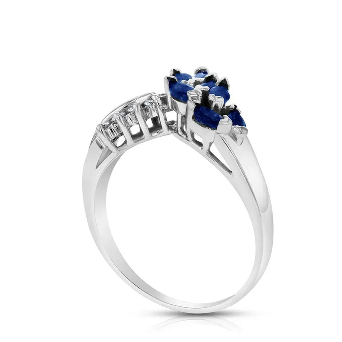 Marquise Blue Sapphire and 010 CT TW Natural Diamond Leaf Branch Chevron Ring in Solid 14K White Gold Goldia Rings Marquise Blue Sapphire and 010 CT TW Natural Diamond Leaf Branch Chevron Ring in Solid 14K White Gold Goldia Rings