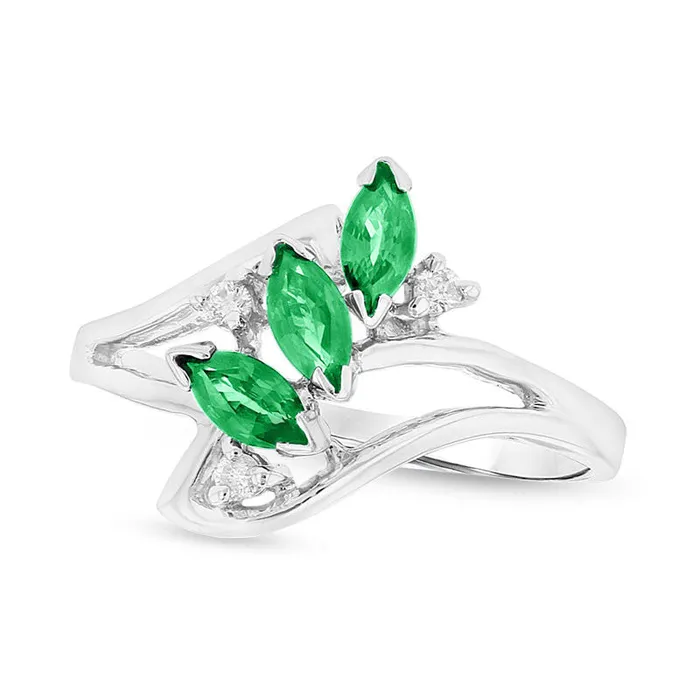 Marquise Emerald and Natural Diamond Accent Three Stone Bypass Ring in Solid 14K White Gold Goldia Rings Marquise Emerald and Natural Diamond Accent Three Stone Bypass Ring in Solid 14K White Gold Goldia Rings