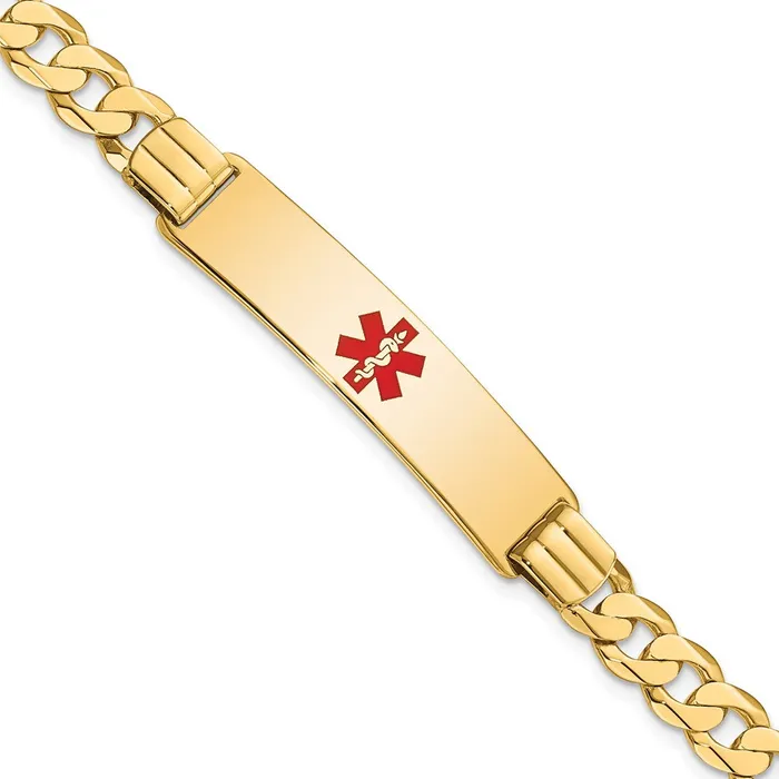 MDS Solid 14K Yellow Gold Medical Red Enamel Curb Link ID Bracelet Bracelets MDS Solid 14K Yellow Gold Medical Red Enamel Curb Link ID Bracelet Bracelets
