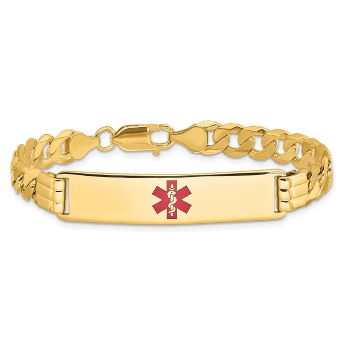 MDS Solid 14K Yellow Gold Medical Red Enamel Curb Link ID Bracelet Bracelets MDS Solid 14K Yellow Gold Medical Red Enamel Curb Link ID Bracelet Bracelets