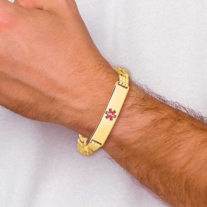 MDS Solid 14K Yellow Gold Medical Red Enamel Curb Link ID Bracelet Bracelets MDS Solid 14K Yellow Gold Medical Red Enamel Curb Link ID Bracelet Bracelets