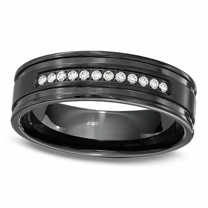 Mens 013 CT TW Natural Diamond Wedding Band in Black Stainless Steel Goldia Rings Mens 013 CT TW Natural Diamond Wedding Band in Black Stainless Steel Goldia Rings