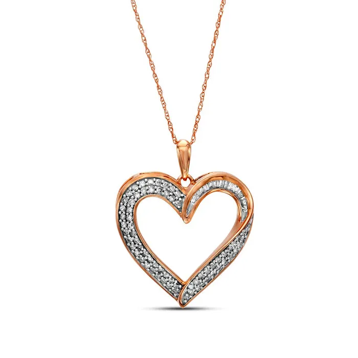 Necklaces 05 CT TW Baguette and Round Natural Diamond Heart Pendant in 10K Rose Gold Goldia Necklaces 05 CT TW Baguette and Round Natural Diamond Heart Pendant in 10K Rose Gold Goldia