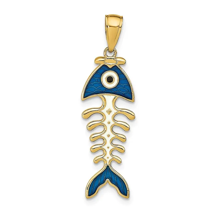 Necklaces 14k Yellow Gold 3D Blue Enamel Fish Bone Pendant Goldia