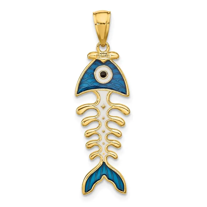 Necklaces 14k Yellow Gold 3D Blue Enamel Fish Bone Pendant Goldia