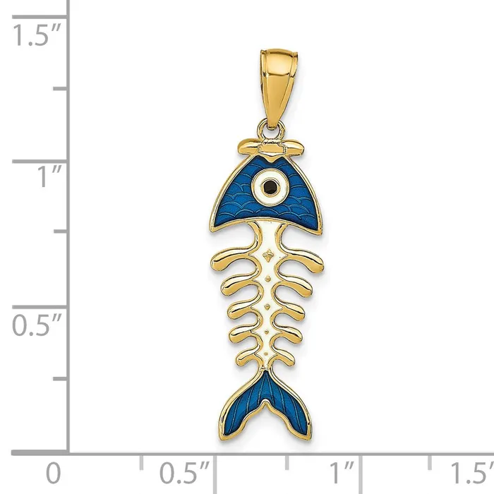 Necklaces 14k Yellow Gold 3D Blue Enamel Fish Bone Pendant Goldia