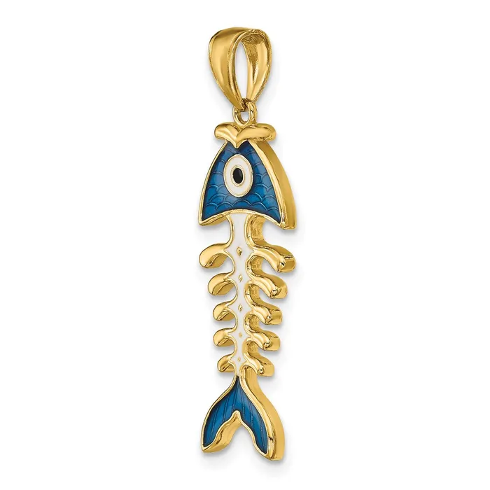 Necklaces 14k Yellow Gold 3D Blue Enamel Fish Bone Pendant Goldia