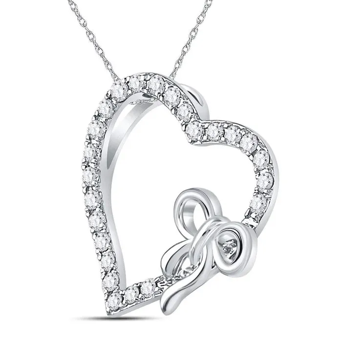 Necklaces gndatlanta 14k White Gold Round Diamond Heart Bow Pendant 14 Cttw