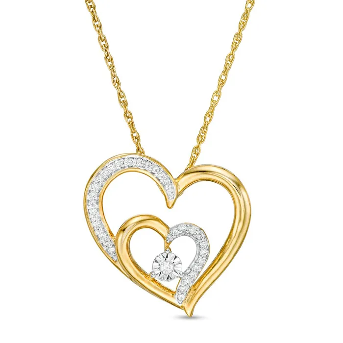 Necklaces Goldia 007 CT TW Natural Diamond Double Heart Pendant in 10K Yellow Gold Necklaces Goldia 007 CT TW Natural Diamond Double Heart Pendant in 10K Yellow Gold