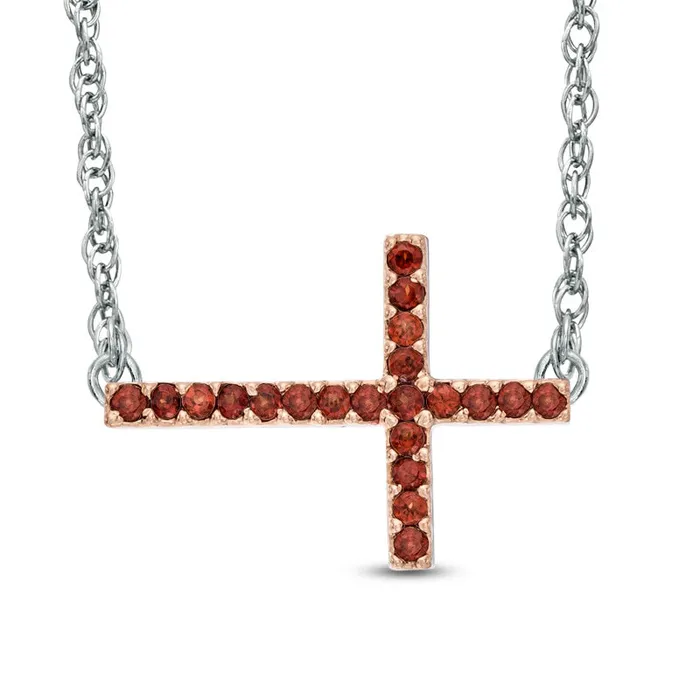 Necklaces Goldia Garnet Sideways Cross Necklace in Sterling Silver