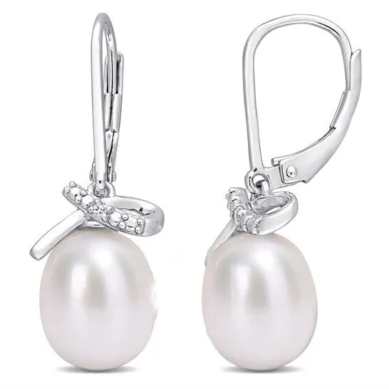 Original AMOUR 758mm Freshwater Cultured Pearl and Diamond Accent Leverback Earrings In Sterling Silver JMS always Earrings Original AMOUR 758mm Freshwater Cultured Pearl and Diamond Accent Leverback Earrings In Sterling Silver JMS always Earrings