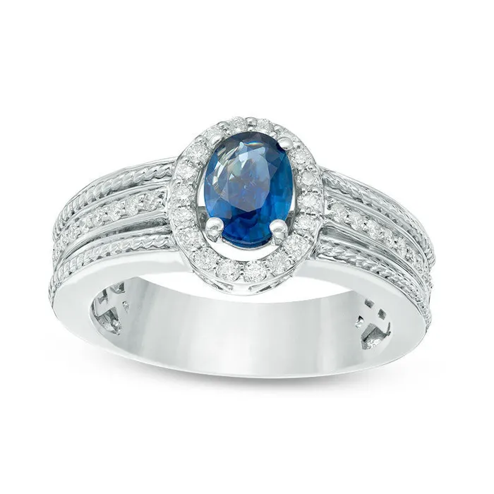 Oval Blue Sapphire and 033 CT TW Natural Diamond Frame Rope Ring in Solid 14K White Gold HI1 Goldia Rings Oval Blue Sapphire and 033 CT TW Natural Diamond Frame Rope Ring in Solid 14K White Gold HI1 Goldia Rings