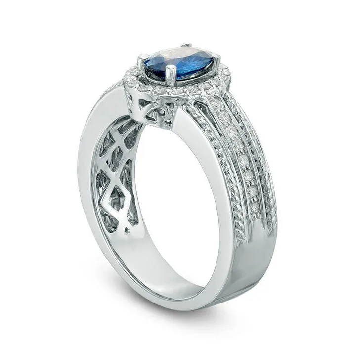 Oval Blue Sapphire and 033 CT TW Natural Diamond Frame Rope Ring in Solid 14K White Gold HI1 Goldia Rings Oval Blue Sapphire and 033 CT TW Natural Diamond Frame Rope Ring in Solid 14K White Gold HI1 Goldia Rings