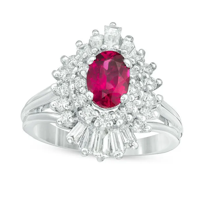 Oval Rubellite Tourmaline and 088 CT TW Natural Diamond Double Sunburst Frame Split Shank Ring in Solid 14K White Gold Goldia Rings Oval Rubellite Tourmaline and 088 CT TW Natural Diamond Double Sunburst Frame Split Shank Ring in Solid 14K White Gold Goldia Rings