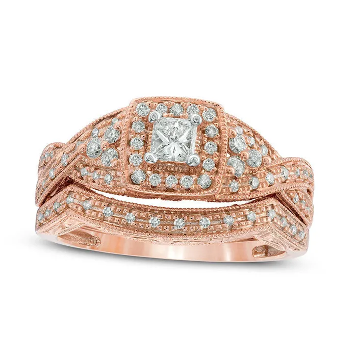 Previously Owned 050 CT TW Natural Diamond Square Frame Antique VintageStyle Bridal Engagement Ring Set in Solid 14K Rose Gold Goldia Rings Previously Owned 050 CT TW Natural Diamond Square Frame Antique VintageStyle Bridal Engagement Ring Set in Solid 14K Rose Gold Goldia Rings