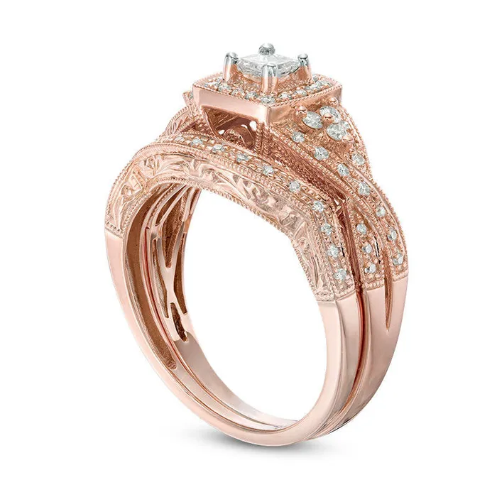 Previously Owned 050 CT TW Natural Diamond Square Frame Antique VintageStyle Bridal Engagement Ring Set in Solid 14K Rose Gold Goldia Rings Previously Owned 050 CT TW Natural Diamond Square Frame Antique VintageStyle Bridal Engagement Ring Set in Solid 14K Rose Gold Goldia Rings