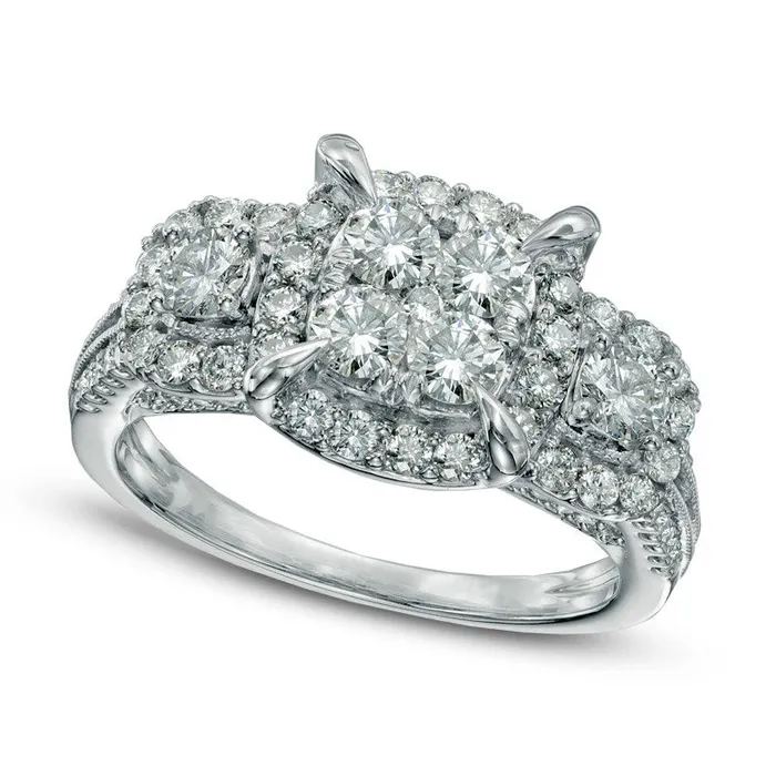 Previously Owned 15 CT TW Quad Natural Diamond Frame Three Stone Engagement Ring in Solid 14K White Gold Goldia Rings Previously Owned 15 CT TW Quad Natural Diamond Frame Three Stone Engagement Ring in Solid 14K White Gold Goldia Rings