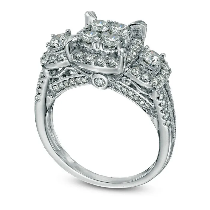 Previously Owned 15 CT TW Quad Natural Diamond Frame Three Stone Engagement Ring in Solid 14K White Gold Goldia Rings Previously Owned 15 CT TW Quad Natural Diamond Frame Three Stone Engagement Ring in Solid 14K White Gold Goldia Rings