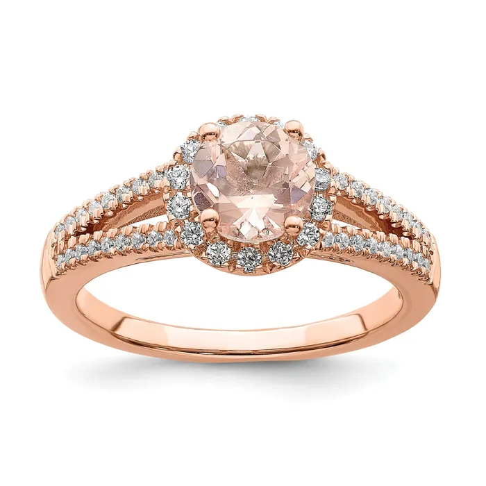 Pure Serenity 14k Rose Gold 14 Ct Lab Grown Diamond VSSI G and Round Morganite Halo Engagement Ring Goldia Rings Pure Serenity 14k Rose Gold 14 Ct Lab Grown Diamond VSSI G and Round Morganite Halo Engagement Ring Goldia Rings