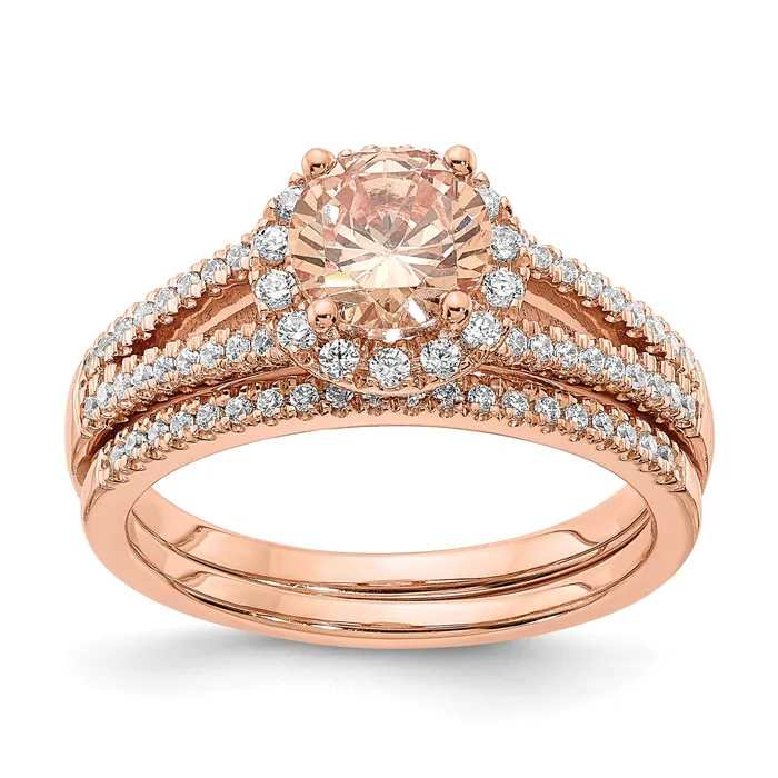 Pure Serenity 14k Rose Gold 14 Ct Lab Grown Diamond VSSI G and Round Morganite Halo Engagement Ring Goldia Rings