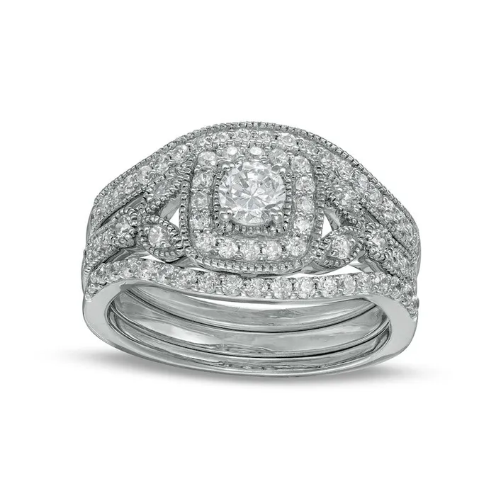 Rings 075 CT TW Natural Diamond CushionShaped Frame Antique VintageStyle Three Piece Bridal Engagement Ring Set in Solid 10K White Gold JI3 Goldia Rings 075 CT TW Natural Diamond CushionShaped Frame Antique VintageStyle Three Piece Bridal Engagement Ring Set in Solid 10K White Gold JI3 Goldia
