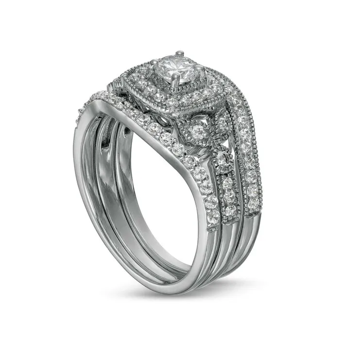 Rings 075 CT TW Natural Diamond CushionShaped Frame Antique VintageStyle Three Piece Bridal Engagement Ring Set in Solid 10K White Gold JI3 Goldia Rings 075 CT TW Natural Diamond CushionShaped Frame Antique VintageStyle Three Piece Bridal Engagement Ring Set in Solid 10K White Gold JI3 Goldia