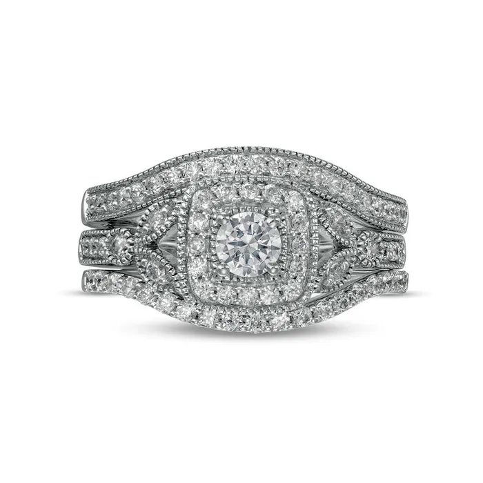 Rings 075 CT TW Natural Diamond CushionShaped Frame Antique VintageStyle Three Piece Bridal Engagement Ring Set in Solid 10K White Gold JI3 Goldia Rings 075 CT TW Natural Diamond CushionShaped Frame Antique VintageStyle Three Piece Bridal Engagement Ring Set in Solid 10K White Gold JI3 Goldia