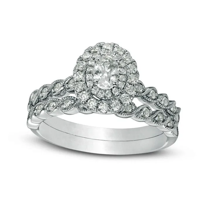 Rings 075 CT TW Oval Natural Diamond Double Frame Twist Antique VintageStyle Bridal Engagement Ring Set in Solid 14K White Gold Goldia